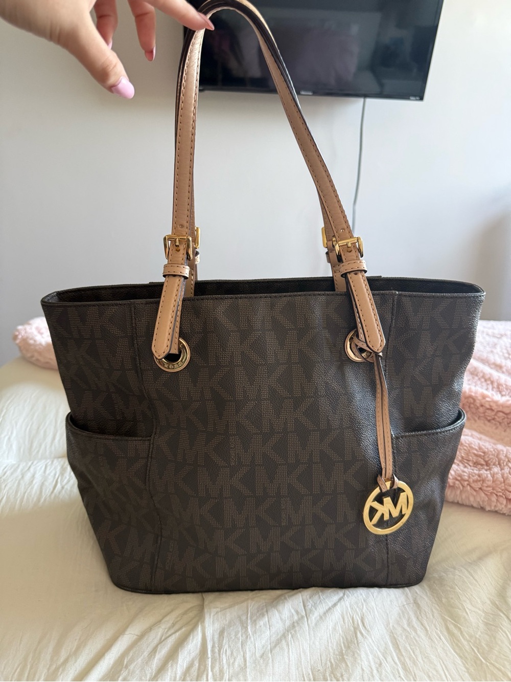 Michael Kors Brown MK Signature Tote with Tan Handles